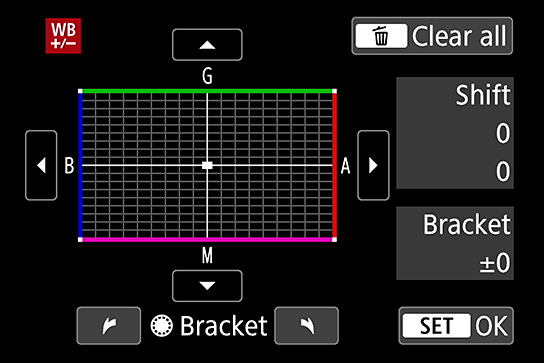 Từ trình đơn SHOOT, chọn [WB Shift/Bkt.] để hiển thị màn hình như màn hình bên trên. Dịch chuyển chỉ báo hình vuông đến vị trí mong muốn trên lưới.