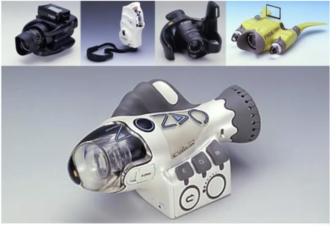 Các concept máy ảnh đầy màu sắc của Luigi Colani: Từ trên, trái sang phải:Hy-Pro, Lady, Super C Bio, Frog và HOMIC